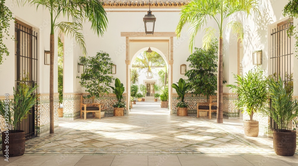 Poster a serene courtyard adorned with lush greenery and elegant arches, creating a tranquil and inviting a