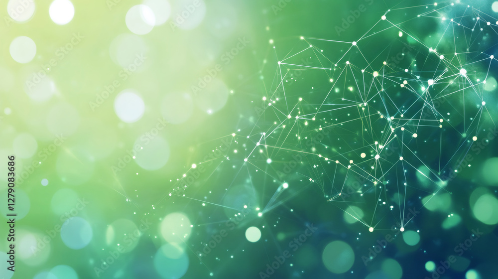 Aufkleber Abstract green and yellow bokeh background featuring connecting lines and dots, creating a sense of network and connection