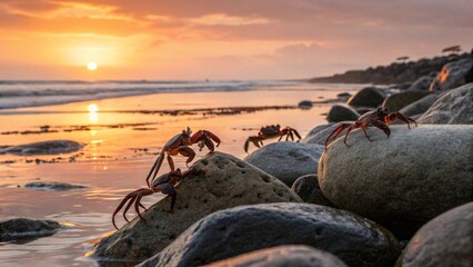 Fototapeta premium Crabs Crawling on Rocky Shoreline at Sunset with Colorful Sky and Gentle Waves in Background
