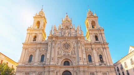 Fototapeta premium A stunning facade of a historic church featuring intricate architectural details and two towering spires against a clear blue sky.