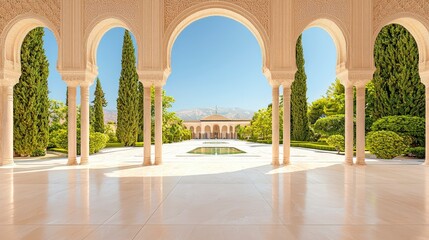 Obraz premium Beautiful architectural arches frame a serene courtyard with lush greenery and a calm water feature under a clear blue sky.