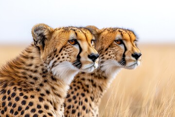 Obraz premium Two cheetahs sitting in tall grass, side profile, alert expressions, beautiful wildlife photography.