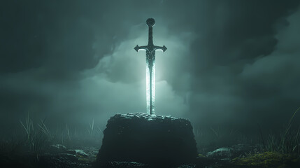 A mystical sword illuminated in a stone pedestal, surrounded by ethereal fog. captures the essence of adventure and mystery in a medieval setting. Ancient Eldritch Relic. Illustration