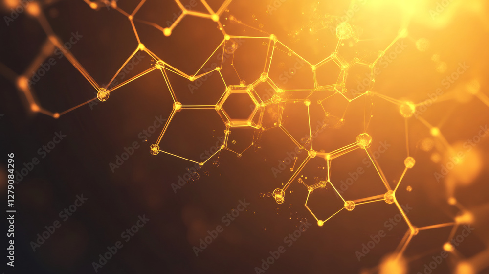 Aufkleber Golden particles connecting in intricate hexagonal structures create a futuristic science background with a bright upper light