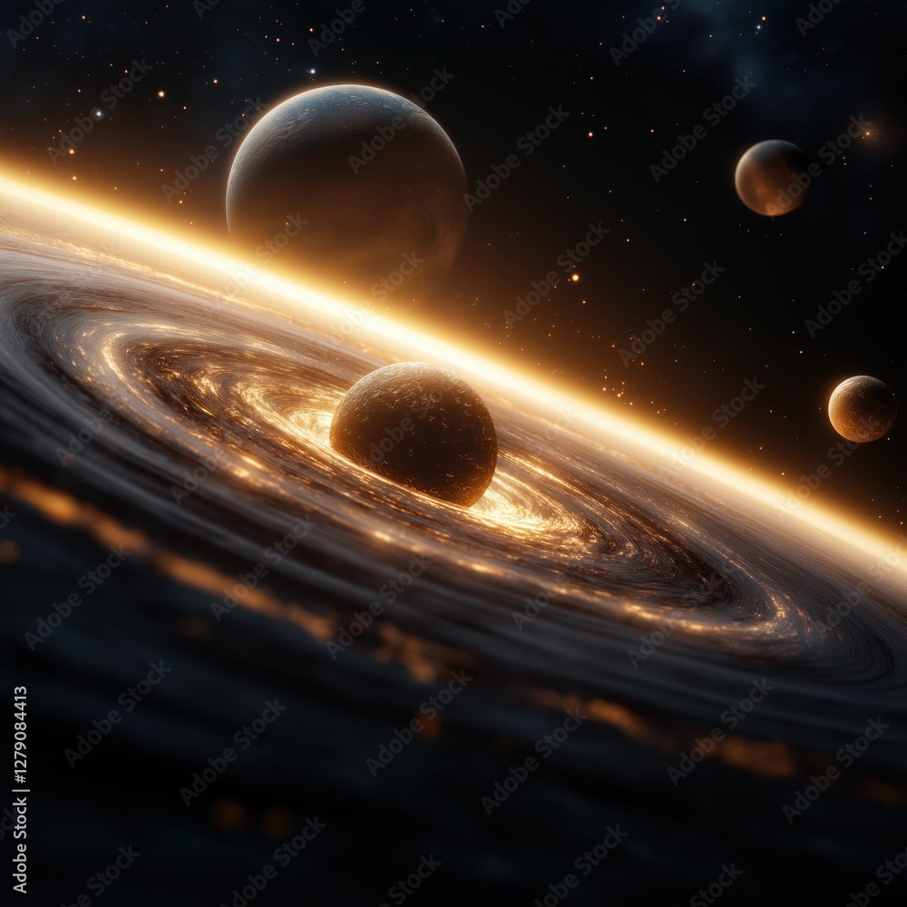 Poster exploring the vastness of a vibrant solar system with orbiting planets and glowing stars