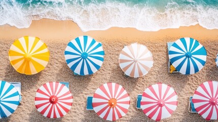 Naklejka premium A row of colorful umbrellas stands on a sandy beach, offering shade and beauty against the backdrop of the ocean waves and clear blue sky.