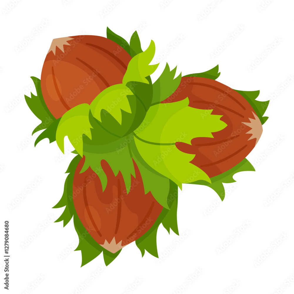 Wall mural Hazelnuts with leaves. Cartoon hazelnut Hand drawn trendy flat style isolated icon. Organic raw hazel with leaves, tasty snacks. Forest nut Vector illustration