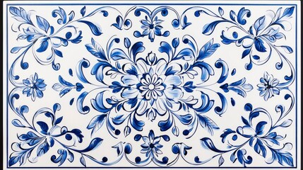 Floral blue and white tile design featuring intricate patterns and swirling motifs, perfect for decorative purposes.