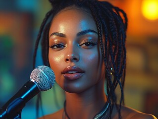 A passionate female singer performs on stage, illuminated by warm glowing lights, her soulful voice captivating the audience as she sings into the microphone, creating an intimate and emotional atmosp