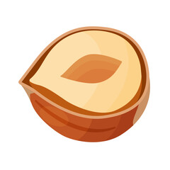 Hazelnut ripe and tasty. Half a hazelnut with the shell. Hand drawn trendy flat style isolated icon. Healthy treat, snacks, unpeeled forest nut. Vector illustration