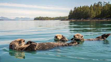 Fototapeta premium Playful Sea Otters Enjoying a Calm Day in Pristine Waters Surrounded by Lush Greenery and Majestic Trees