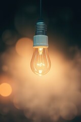 A glowing lightbulb hangs from the ceiling, illuminating the space with a warm, inviting light.