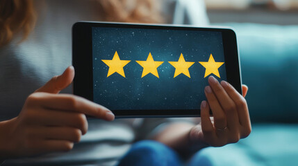 Customer shares a positive review on a tablet while relaxing at home