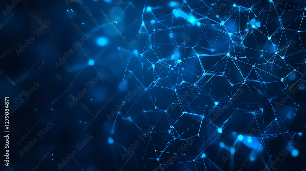 Poster Abstract plexus structure forming a complex network of connections with glowing blue lines and dots over a dark background