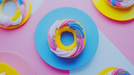 Obraz premium Vibrant Doughnuts with Colorful Frosting and Sprinkles on Pastel Color Background