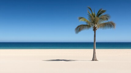 Arafed palm tree stands gracefully on a sandy beach, framed by a vibrant blue ocean that stretches into the horizon, offering a tropical paradise ambiance.