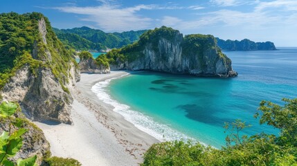 Fototapeta premium Aerial view showcasing a beach, a steep cliff, and a serene body of water, highlighting the natural beauty and tranquility of the coastal landscape.