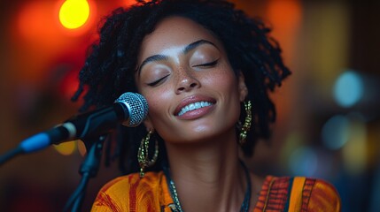 A passionate female singer performs on stage, illuminated by warm glowing lights, her soulful voice captivating the audience as she sings into the microphone, creating an intimate and emotional atmosp