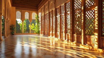 A beautifully lit architectural interior featuring intricate wooden lattice work and natural light streaming through large windows.