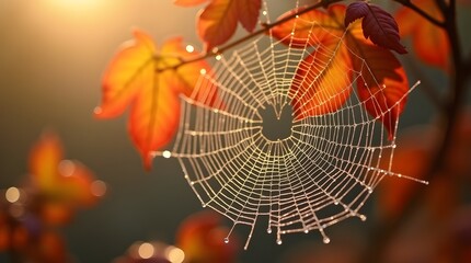 covered spider web glistening in the soft morning sunlight, with a blurred background of vibrant autumn leaves in shades of orange, red, and yellow