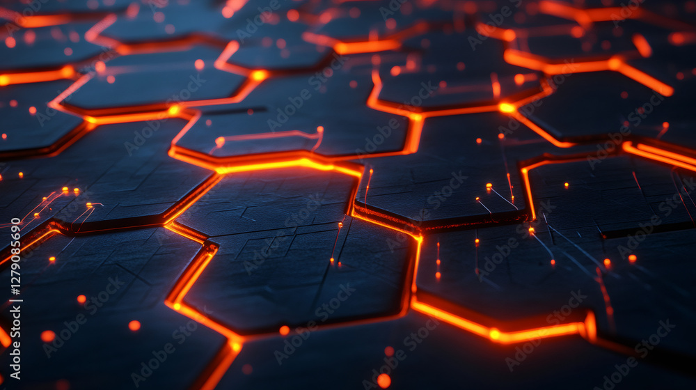Aufkleber Glowing orange futuristic hexagonal surface with electronic circuits creating a technological background