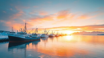 Fototapeta premium Serene sunset over fishing boats docked in calm waters, with vibrant colors reflecting off the surface, evoking tranquility and natural beauty.
