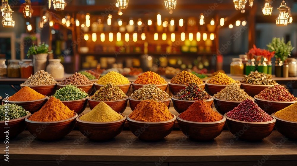 Poster vibrant display of colorful spices in bowls, set in a warm, inviting environment with soft lighting.