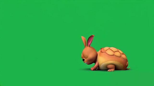 2d animated character of story of rabbit and tortoise speed race where rabbit hits a tree and falls to ground and tortoise wins race . in green screen background chroma key