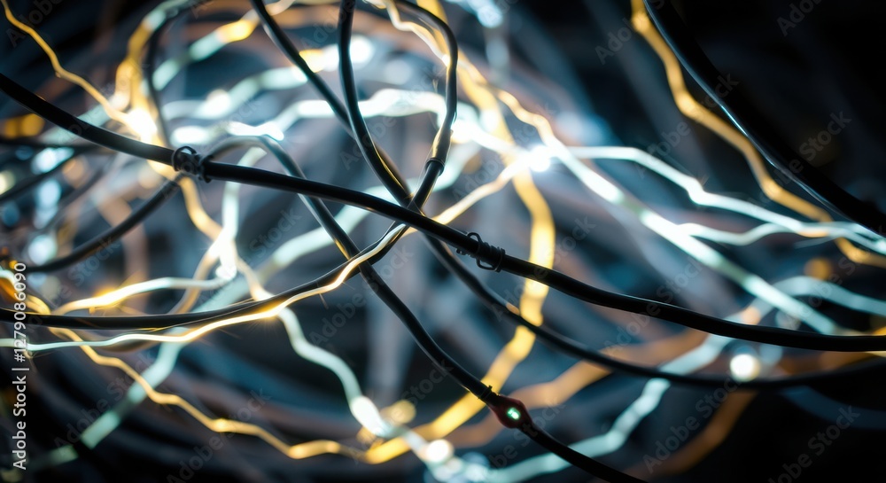 Poster entangled wires: a chaotic yet connected network of illuminated lines converging and diverging in th