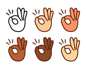 Cartoon OK hand gesture emoji icon in different skin colors