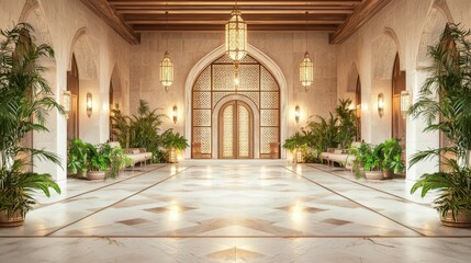 Fototapeta premium Elegant entrance hall with intricate arches, lush greenery, and ornate decor, creating a luxurious and inviting atmosphere.