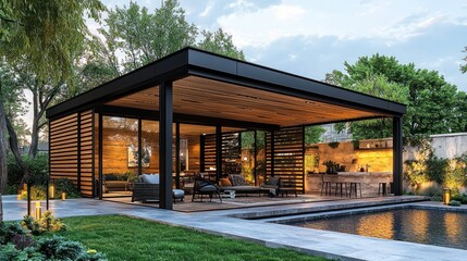 Modern Outdoor Pavilion With Poolside Lounge Area