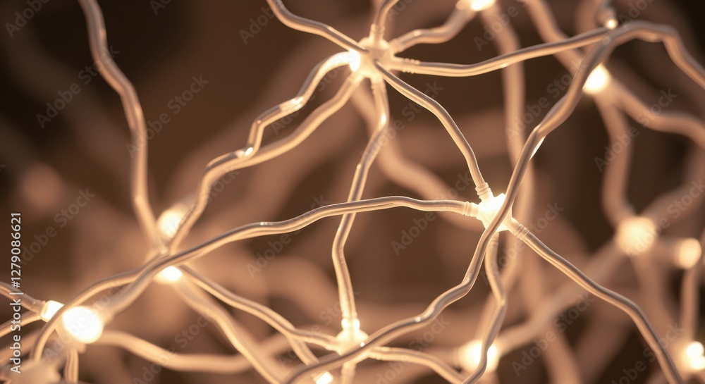 Poster a network of interconnected illuminated nodes and white filaments, glowing with a warm light.