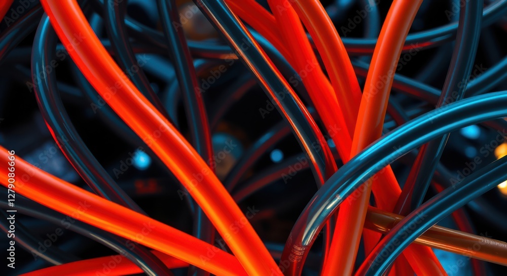 Poster tangled red and blue cables create a visually striking and chaotic abstract composition with dynamic