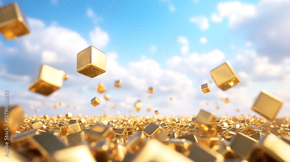 Poster surreal image of floating golden cubes against an endless horizon, showcasing a dreamlike landscape.