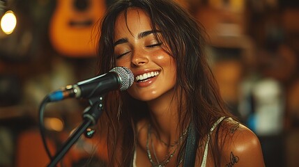 A passionate female singer performs on stage, illuminated by warm glowing lights, her soulful voice captivating the audience as she sings into the microphone, creating an intimate and emotional atmosp