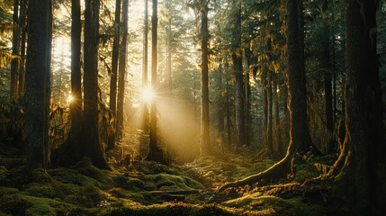 Obraz premium Sunlit Mossy Forest Trees Golden Hour