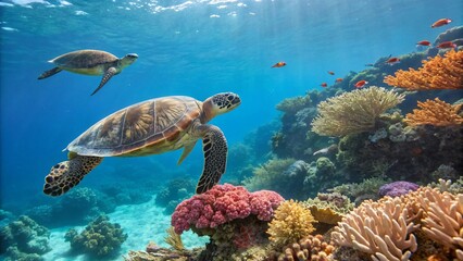 Majestic Sea Turtles Swimming Gracefully Among Vibrant Coral Reefs in Crystal Clear Ocean Waters