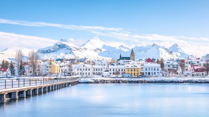 Fototapeta premium Snow-covered mountains frame a picturesque town by the water, with colorful buildings reflecting in the serene lake under a clear blue sky.