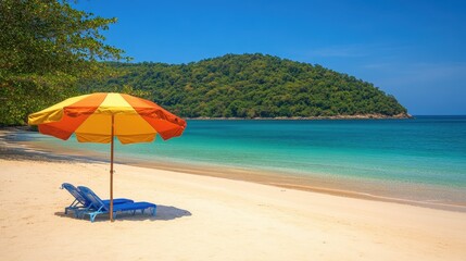 Fototapeta premium A serene beach scene featuring two lounge chairs under a colorful umbrella, perfect for relaxation and enjoying the sun.