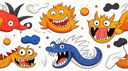 Colorful Cartoon Dragons with Different Expressions for Fun and Playful Design Projects
