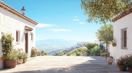 A picturesque view of white houses and a cobblestone path, surrounded by lush greenery and a scenic landscape under a clear blue sky.