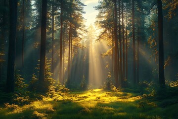 Fototapeta premium Sunbeams piercing a misty forest.