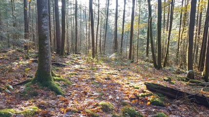 Obraz premium Sunlit Autumn Forest Floor With Mossy Trees