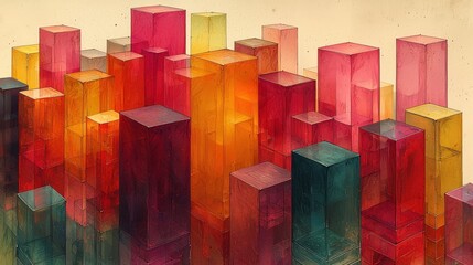 Colorful Abstract Cityscape with Translucent Cubes in Vibrant Hues of Red Orange and Yellow