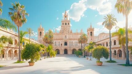 Obraz premium A stunning courtyard featuring palm trees and ornate architecture under a bright blue sky, highlighting a serene and inviting ambiance.