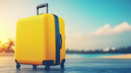 A vibrant yellow suitcase rests on the sandy beach under a clear blue sky, inviting travelers to embark on new adventures by the sea.