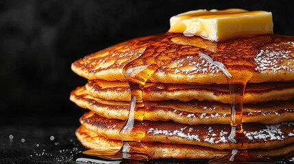 Delicious Stack of Golden Pancakes Drizzled with Syrup and Topped with Butter Slice