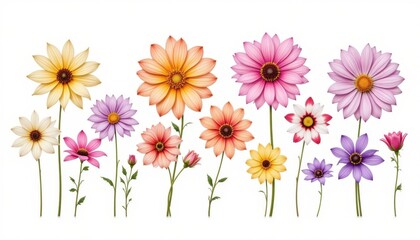A vibrant display of various flowers in a row, showcasing different shapes, sizes, and colors, creating a cheerful and colorful floral arrangement.