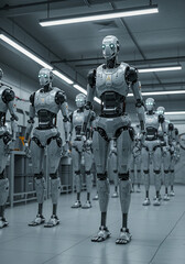 Naklejka premium Futuristic androids with glowing blue eyes line up in a factory setting, showcasing the evolution of AI and robotics